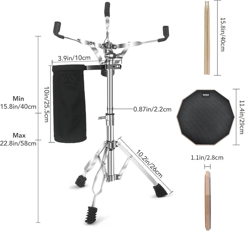Seteol Drum Practice Pad Set, 12 Inch Double Sided Silent Drum Pad with Storage Bag + Adjustable Snare Drum Stand with Carry Bag + 2 Pair Drum Sticks with Drumstick Holder, Fits 10"-14" Drums (Black) - Image 3